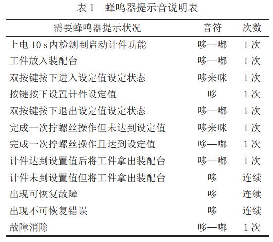 表1 电动螺丝刀蜂鸣器提示音说明表